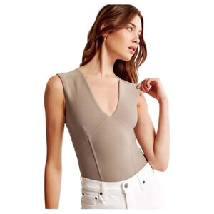 Abercrombie & Fitch Beige Crepe Plunging Neck Line Thong Bodysuit Size Large